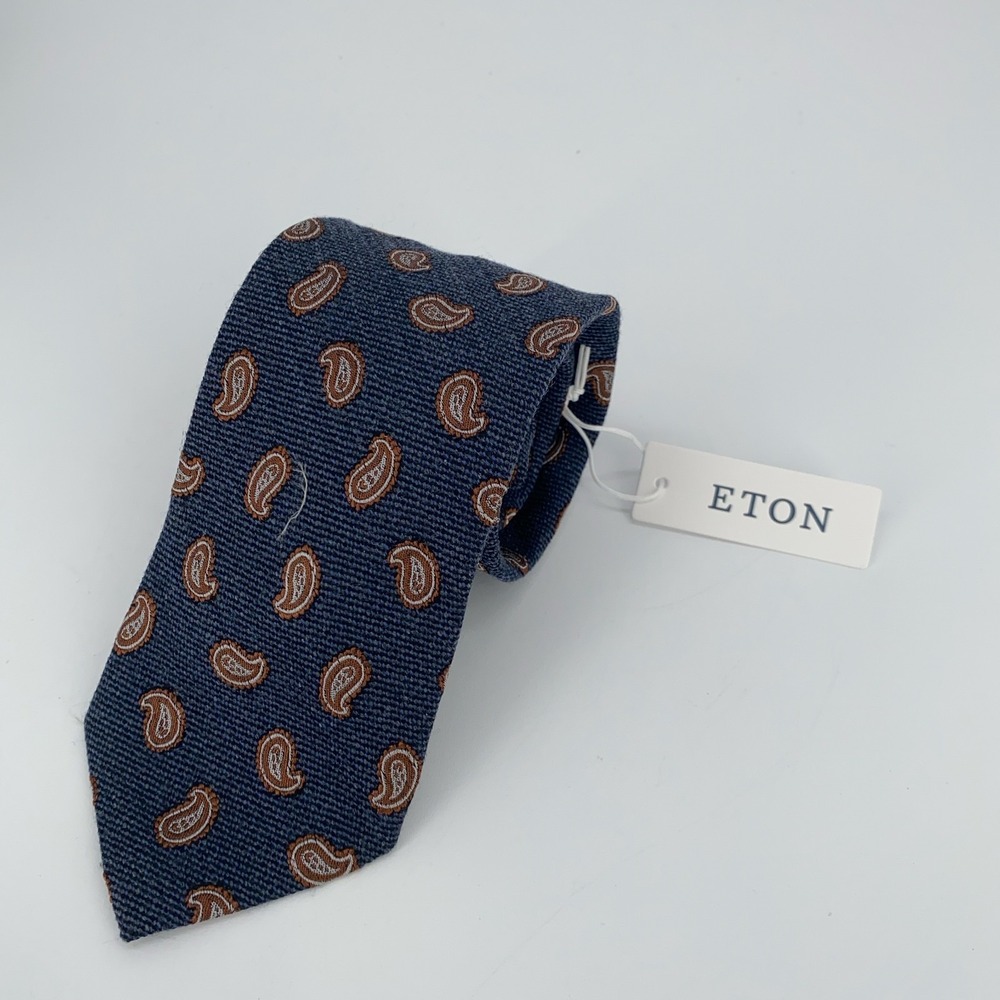 Eton Tie Mens One Size Gray Brown Paisley‎ Silk Blend Necktie Italy Made NWT
